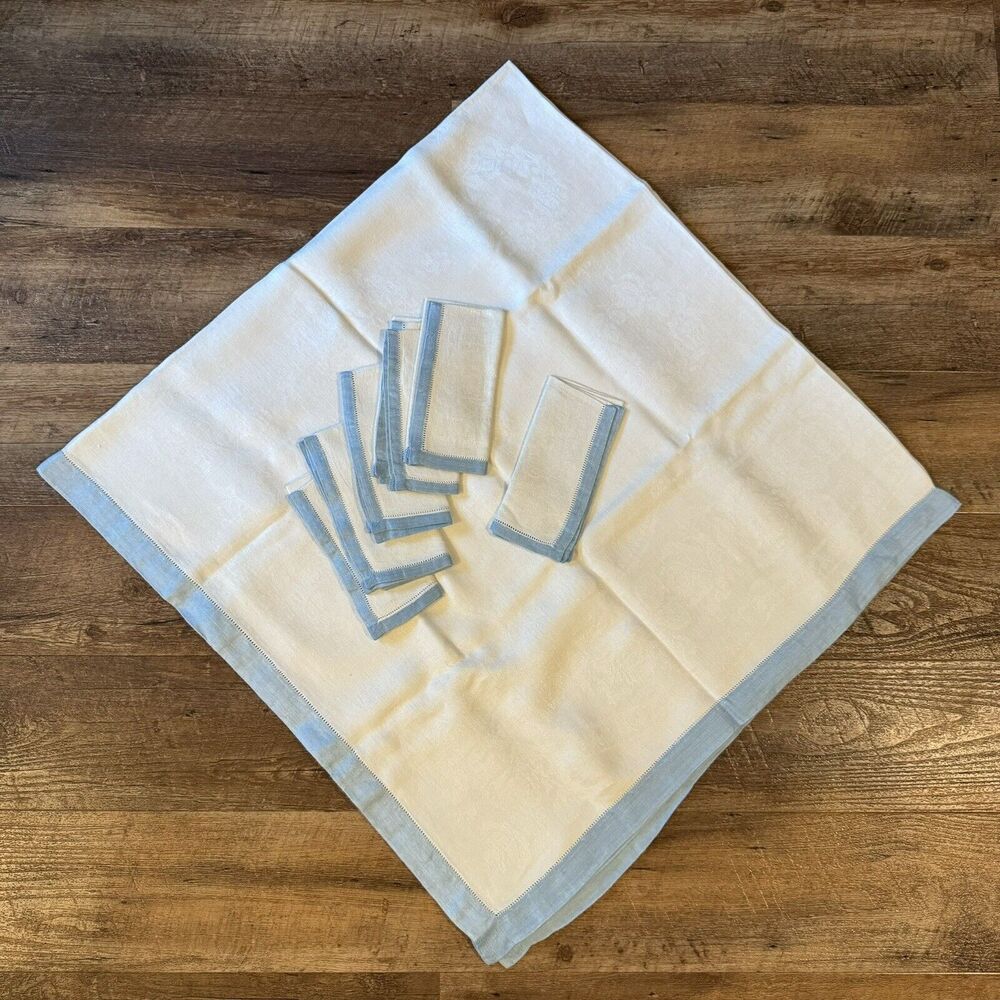 Vintage Handmade White Blue Trim Rectangle Tablecloth Six Napkin Set